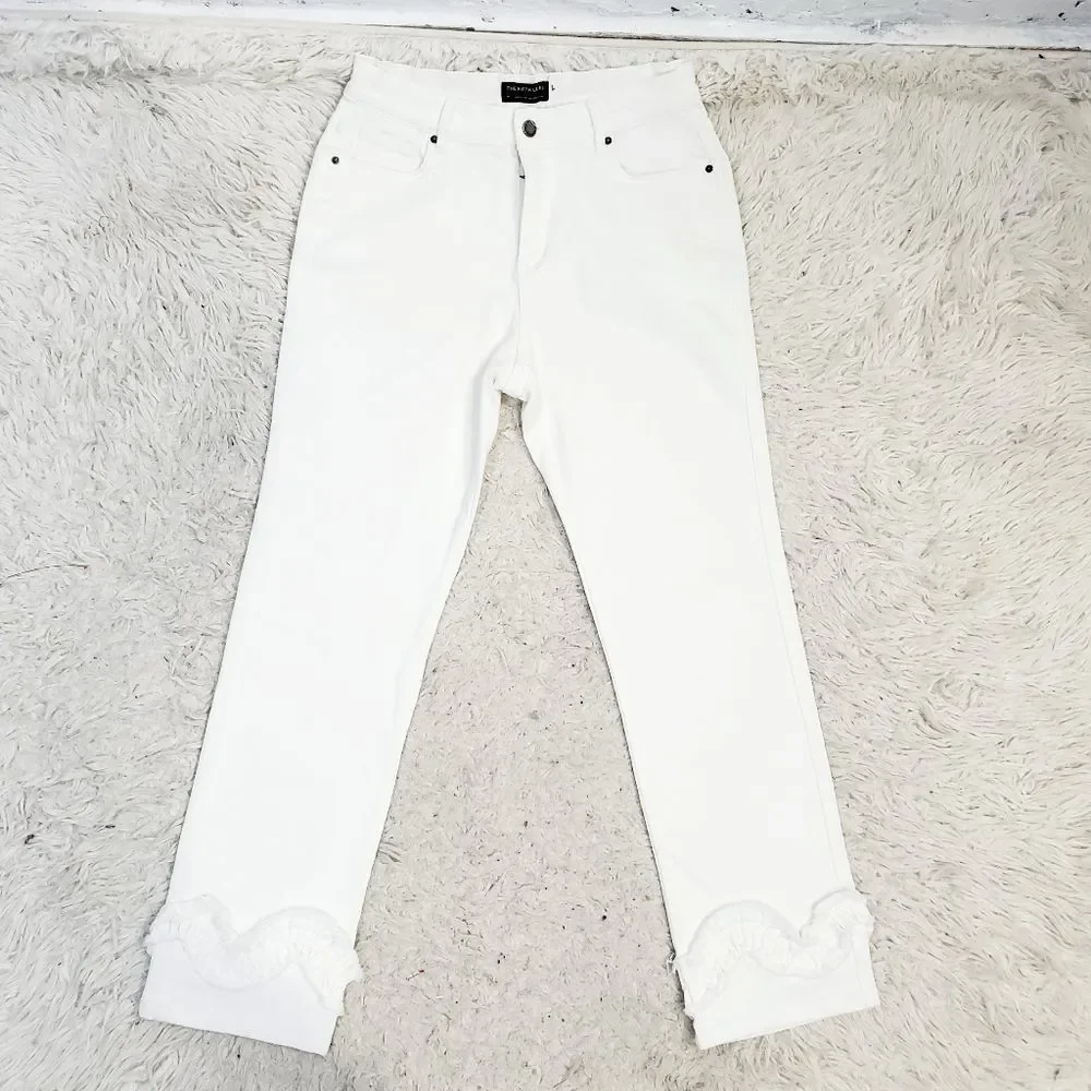 4x$25 The Fifth label white bone denim high waist jeans wave hem embroidered med - Picture 2 of 12